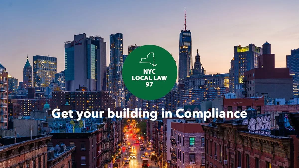 NYC skyline at dusk with Local Law 97 compliance messaging overlay, featuring Manhattan's iconic buildings including One World Trade Center