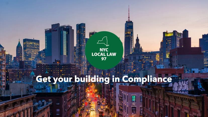 NYC skyline with energy efficiency graphics and compliance charts
