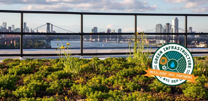 A New York City building with graphic overlays indicating resilience measures against flooding and heat, symbolizing a future-proofed, intelligent asset.