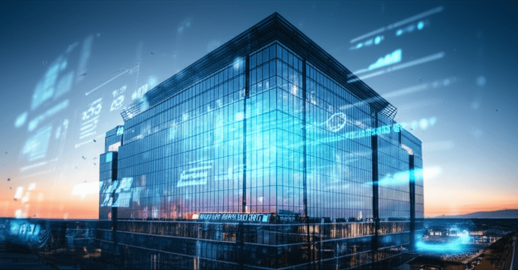 Ultra-realistic architectural photograph of a modern 6-story commercial building at dusk, with a glowing blue holographic data interface overlaid, representing the digital management and optimization of a high-value asset.