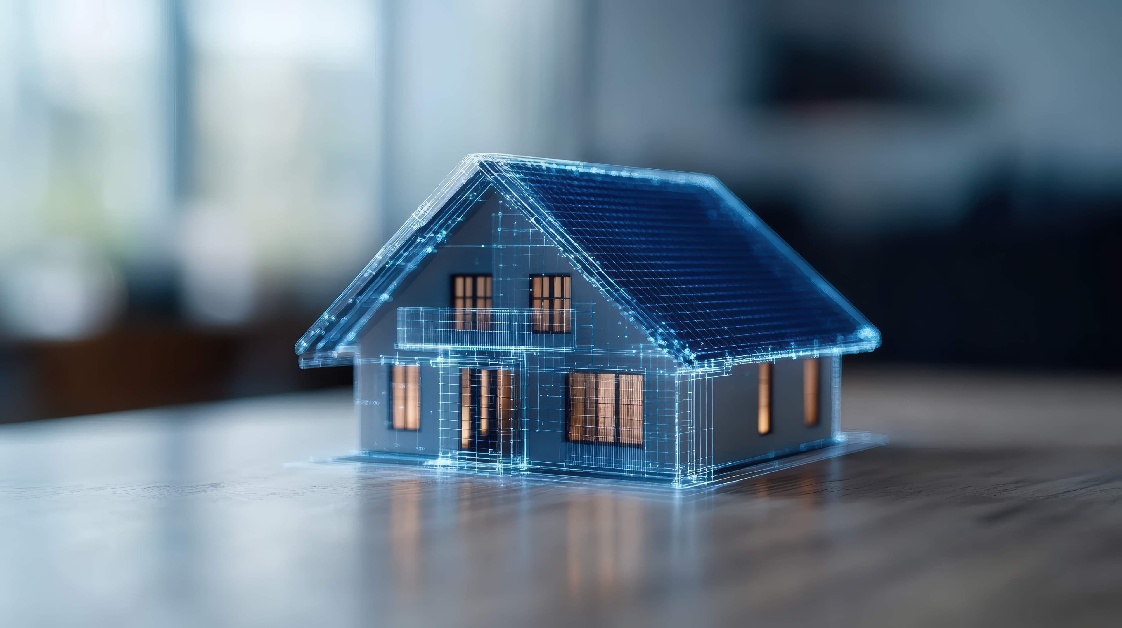 3D holographic house model with digital wireframe overlay representing smart residential construction technology